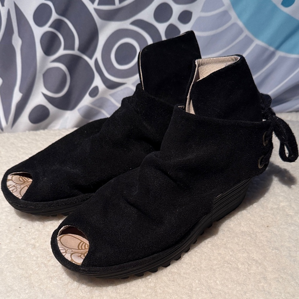Fly London Suede Black Peep-Toe Ankle Boots
